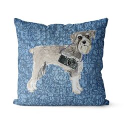 Schnauzer dog Inspired Denim Style Throw Pillow Cushion - Travel collection 18 Adventure is out there cushion Schnauzer Bleached Damask Denim front view