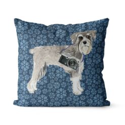 Schnauzer dog Inspired Denim Style Throw Pillow Cushion - Travel collection 17 Adventure is out there cushion Schnauzer Daisy Denim front view