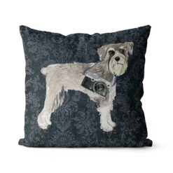 Schnauzer dog Inspired Denim Style Throw Pillow Cushion - Travel collection 16 Adventure is out there cushion Schnauzer Dark Damask Denim front view