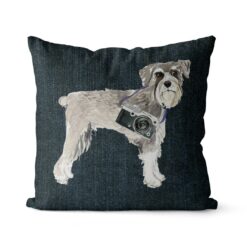 Schnauzer dog Inspired Denim Style Throw Pillow Cushion - Travel collection 15 Adventure is out there cushion Schnauzer Dark Denim front view