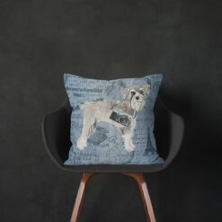 Schnauzer dog Inspired Denim Style Throw Pillow Cushion - Travel collection 13 Adventure is out there cushion Schnauzer Faded Ephemera Denim black chair