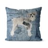 Schnauzer dog Inspired Denim Style Throw Pillow Cushion - Travel collection 2 Adventure is out there cushion Schnauzer Faded Ephemera Denim front view