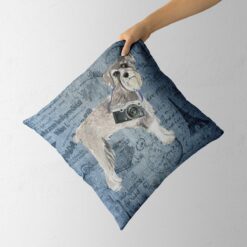 Schnauzer dog Inspired Denim Style Throw Pillow Cushion - Travel collection 12 Adventure is out there cushion Schnauzer Faded Ephemera Denim holding in hand