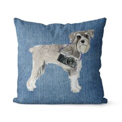Schnauzer dog Inspired Denim Style Throw Pillow Cushion - Travel collection 14 Adventure is out there cushion Schnauzer Gently Faded Denim front view