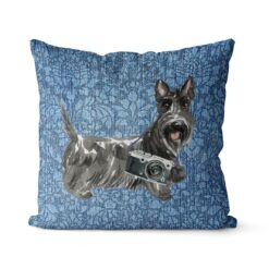 Scottish Terrier dog Inspired Denim Style Throw Pillow Cushion - Travel collection 20 Adventure is out there cushion Scottish Terrier Bleached Damask Denim front view