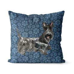 Scottish Terrier dog Inspired Denim Style Throw Pillow Cushion - Travel collection 19 Adventure is out there cushion Scottish Terrier Daisy Denim front view