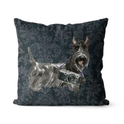 Scottish Terrier dog Inspired Denim Style Throw Pillow Cushion - Travel collection 18 Adventure is out there cushion Scottish Terrier Dark Damask Denim front view