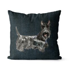 Scottish Terrier dog Inspired Denim Style Throw Pillow Cushion - Travel collection 17 Adventure is out there cushion Scottish Terrier Dark Denim front view