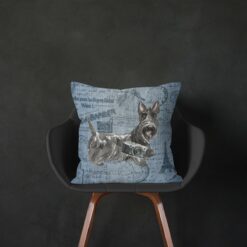 Scottish Terrier dog Inspired Denim Style Throw Pillow Cushion - Travel collection 14 Adventure is out there cushion Scottish Terrier Faded Ephemera Denim black chair