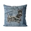 Adventure is out there cushion Scottish Terrier Faded Ephemera Denim front view