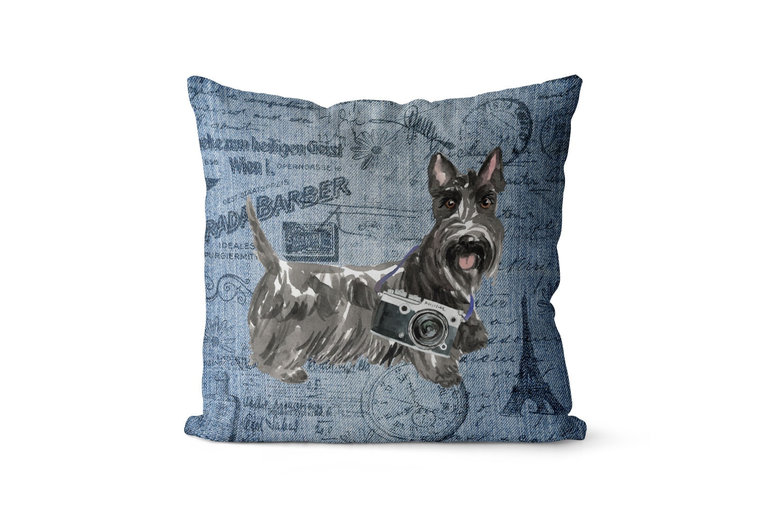 Scottish Terrier dog Inspired Denim Style Throw Pillow Cushion - Travel collection 2 Scottish Terrier dog Inspired Denim Style Throw Pillow Cushion - Travel collection