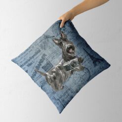 Scottish Terrier dog Inspired Denim Style Throw Pillow Cushion - Travel collection 13 Adventure is out there cushion Scottish Terrier Faded Ephemera Denim holding in hand