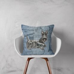 Scottish Terrier dog Inspired Denim Style Throw Pillow Cushion - Travel collection 12 Adventure is out there cushion Scottish Terrier Faded Ephemera Denim white chair