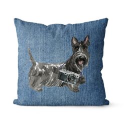 Scottish Terrier dog Inspired Denim Style Throw Pillow Cushion - Travel collection 16 Adventure is out there cushion Scottish Terrier Gently Faded Denim front view