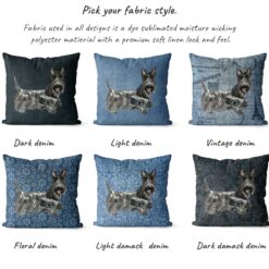 Scottish Terrier dog Inspired Denim Style Throw Pillow Cushion - Travel collection 15 Adventure is out there cushion Scottish Terrier variations
