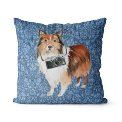 Shetland Sheepdog dog Inspired Denim Style Throw Pillow Cushion - Travel collection 20 Adventure is out there cushion Shetland Sheepdog Bleached Damask Denim front view