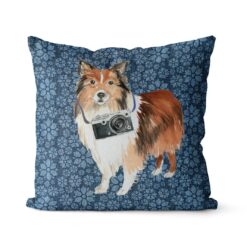Shetland Sheepdog dog Inspired Denim Style Throw Pillow Cushion - Travel collection 19 Adventure is out there cushion Shetland Sheepdog Daisy Denim front view