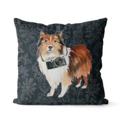 Shetland Sheepdog dog Inspired Denim Style Throw Pillow Cushion - Travel collection 18 Adventure is out there cushion Shetland Sheepdog Dark Damask Denim front view
