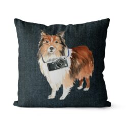 Shetland Sheepdog dog Inspired Denim Style Throw Pillow Cushion - Travel collection 17 Adventure is out there cushion Shetland Sheepdog Dark Denim front view