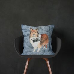 Shetland Sheepdog dog Inspired Denim Style Throw Pillow Cushion - Travel collection 14 Adventure is out there cushion Shetland Sheepdog Faded Ephemera Denim black chair