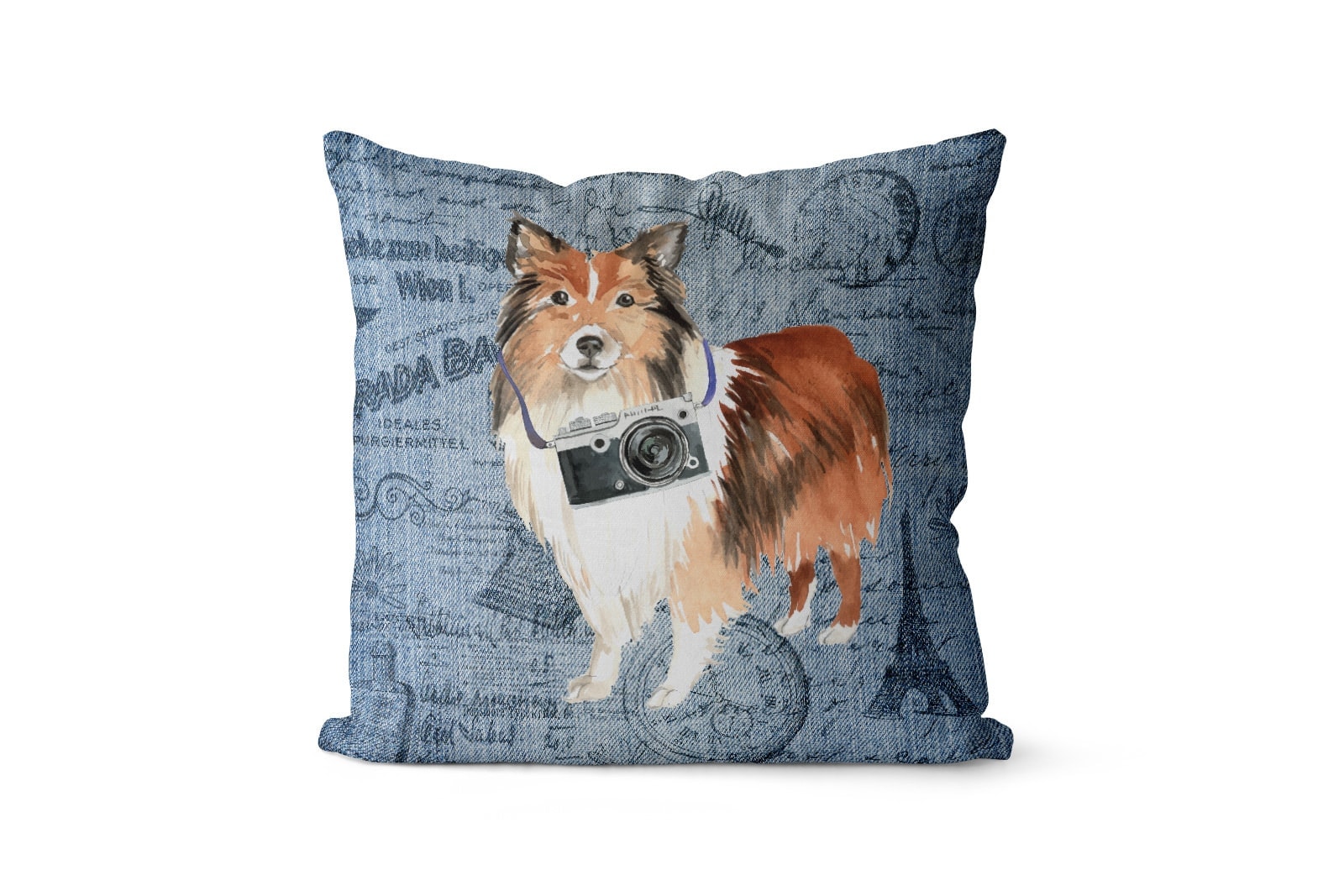 Shetland Sheepdog dog Inspired Denim Style Throw Pillow Cushion - Travel collection 2 Shetland Sheepdog dog Inspired Denim Style Throw Pillow Cushion - Travel collection