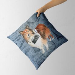 Shetland Sheepdog dog Inspired Denim Style Throw Pillow Cushion - Travel collection 13 Adventure is out there cushion Shetland Sheepdog Faded Ephemera Denim holding in hand