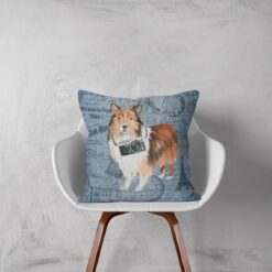 Shetland Sheepdog dog Inspired Denim Style Throw Pillow Cushion - Travel collection 12 Adventure is out there cushion Shetland Sheepdog Faded Ephemera Denim white chair