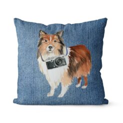 Shetland Sheepdog dog Inspired Denim Style Throw Pillow Cushion - Travel collection 16 Adventure is out there cushion Shetland Sheepdog Gently Faded Denim front view