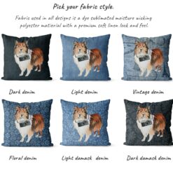 Shetland Sheepdog dog Inspired Denim Style Throw Pillow Cushion - Travel collection 15 Adventure is out there cushion Shetland Sheepdog variations
