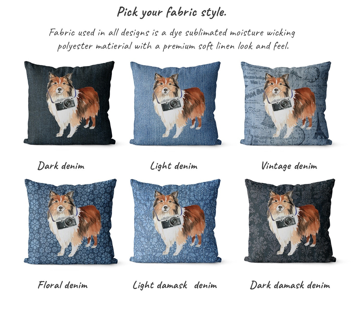 Shetland Sheepdog dog Inspired Denim Style Throw Pillow Cushion - Travel collection 6 Shetland Sheepdog dog Inspired Denim Style Throw Pillow Cushion - Travel collection - Image 5
