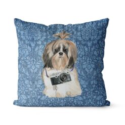 Shih tzu Long hair dog Inspired Denim Style Throw Pillow Cushion - Travel collection 19 Adventure is out there cushion Shih tzu Long hair Bleached Damask Denim front view