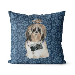Shih tzu Long hair dog Inspired Denim Style Throw Pillow Cushion - Travel collection 18 Adventure is out there cushion Shih tzu Long hair Daisy Denim front view