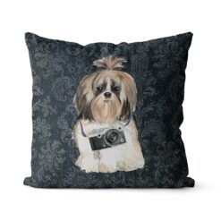 Shih tzu Long hair dog Inspired Denim Style Throw Pillow Cushion - Travel collection 17 Adventure is out there cushion Shih tzu Long hair Dark Damask Denim front view