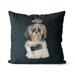 Shih tzu Long hair dog Inspired Denim Style Throw Pillow Cushion - Travel collection 16 Adventure is out there cushion Shih tzu Long hair Dark Denim front view