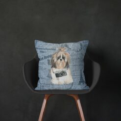 Shih tzu Long hair dog Inspired Denim Style Throw Pillow Cushion - Travel collection 14 Adventure is out there cushion Shih tzu Long hair Faded Ephemera Denim black chair