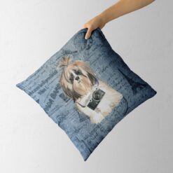 Shih tzu Long hair dog Inspired Denim Style Throw Pillow Cushion - Travel collection 13 Adventure is out there cushion Shih tzu Long hair Faded Ephemera Denim holding in hand
