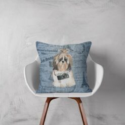 Shih tzu Long hair dog Inspired Denim Style Throw Pillow Cushion - Travel collection 12 Adventure is out there cushion Shih tzu Long hair Faded Ephemera Denim white chair