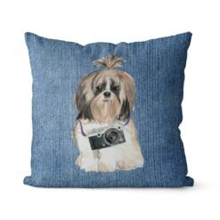 Shih tzu Long hair dog Inspired Denim Style Throw Pillow Cushion - Travel collection 15 Adventure is out there cushion Shih tzu Long hair Gently Faded Denim front view