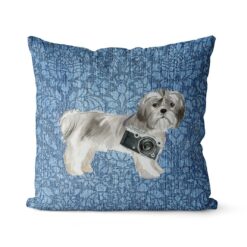 Shih tzu Short hair dog Inspired Denim Style Throw Pillow Cushion - Travel collection 18 Adventure is out there cushion Shih tzu Short hair Bleached Damask Denim front view