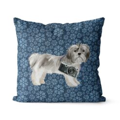 Shih tzu Short hair dog Inspired Denim Style Throw Pillow Cushion - Travel collection 17 Adventure is out there cushion Shih tzu Short hair Daisy Denim front view