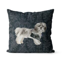 Shih tzu Short hair dog Inspired Denim Style Throw Pillow Cushion - Travel collection 16 Adventure is out there cushion Shih tzu Short hair Dark Damask Denim front view