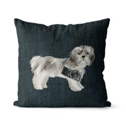 Shih tzu Short hair dog Inspired Denim Style Throw Pillow Cushion - Travel collection 15 Adventure is out there cushion Shih tzu Short hair Dark Denim front view
