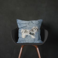 Shih tzu Short hair dog Inspired Denim Style Throw Pillow Cushion - Travel collection 13 Adventure is out there cushion Shih tzu Short hair Faded Ephemera Denim black chair