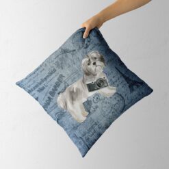 Shih tzu Short hair dog Inspired Denim Style Throw Pillow Cushion - Travel collection 12 Adventure is out there cushion Shih tzu Short hair Faded Ephemera Denim holding in hand