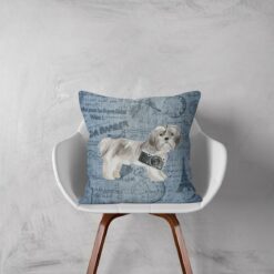 Shih tzu Short hair dog Inspired Denim Style Throw Pillow Cushion - Travel collection 11 Adventure is out there cushion Shih tzu Short hair Faded Ephemera Denim white chair