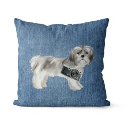 Shih tzu Short hair dog Inspired Denim Style Throw Pillow Cushion - Travel collection 14 Adventure is out there cushion Shih tzu Short hair Gently Faded Denim front view