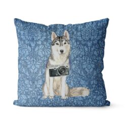 Siberian Husky dog Inspired Denim Style Throw Pillow Cushion - Travel collection 20 Adventure is out there cushion Siberian Husky Bleached Damask Denim front view