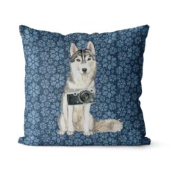 Siberian Husky dog Inspired Denim Style Throw Pillow Cushion - Travel collection 19 Adventure is out there cushion Siberian Husky Daisy Denim front view
