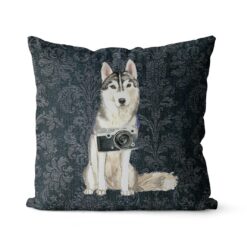 Siberian Husky dog Inspired Denim Style Throw Pillow Cushion - Travel collection 18 Adventure is out there cushion Siberian Husky Dark Damask Denim front view