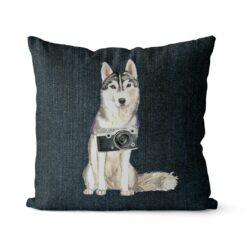 Siberian Husky dog Inspired Denim Style Throw Pillow Cushion - Travel collection 17 Adventure is out there cushion Siberian Husky Dark Denim front view